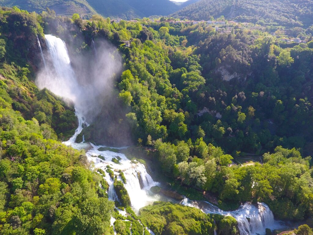 Aerial view of Marmore waterfall in Italy