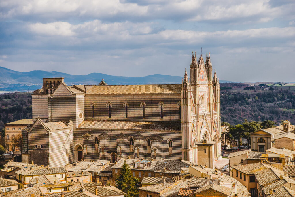 aerial view of Orvieto Cathedral in Orvieto, Rome suburb, Italy